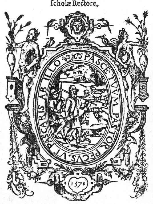 Two shepherds with sheep and goats; one of them carries a shepherd's staff, the other one is playing bagpipes; a meadow and a distant village; frame decorated with naked man and woman, vases, birds and festoons