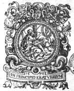 Saint John the Evangelist - with his symbol, the eagle - inspired by an appearance of the Virgin Mary in a mandorla; scrollwork frame with ram's heads, fruit; symmetrically placed serpents with an apple in front of their mouth, perhaps a reference to the Fall