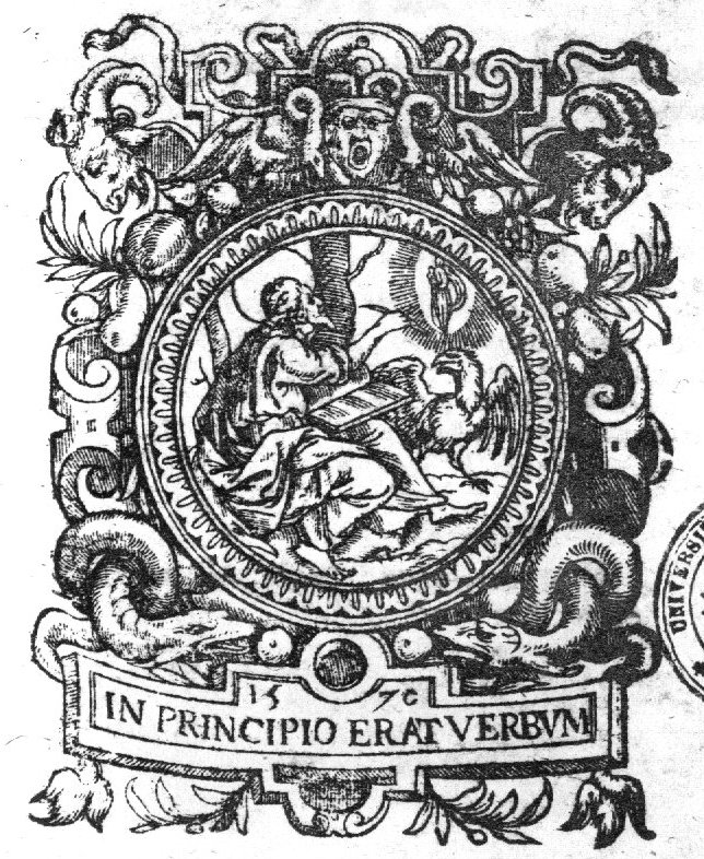 Saint John the Evangelist - with his symbol, the eagle - inspired by an appearance of the Virgin Mary in a mandorla; scrollwork frame with ram's heads, fruit; symmetrically placed serpents with an apple in front of their mouth, perhaps a reference to the Fall