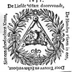 Compasses, joined right hands from the clouds; wreath with flowers as frame