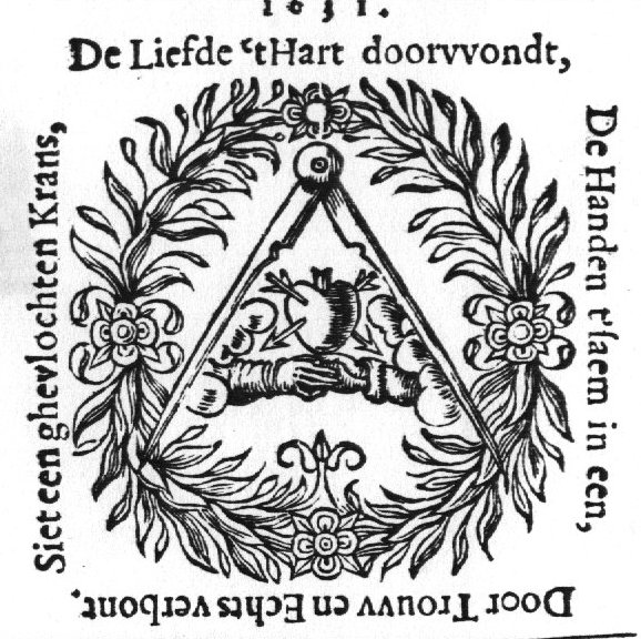Compasses, joined right hands from the clouds; wreath with flowers as frame