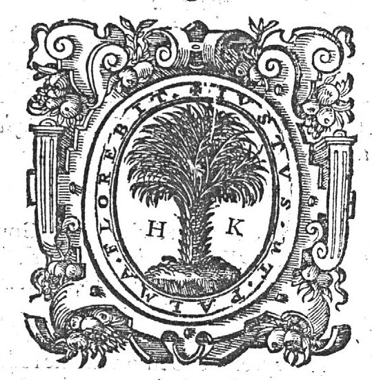 Palm-tree; decorated frame; initials "H.K."