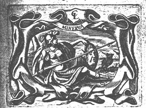 Minerva (lance, aegis, helmet, owl), seated, leaning against a tree; mountainous landscape; decorated frame, monogram "C.L."