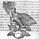 Phoenix looking at the sun, standing on a winged globe