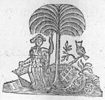 Minerva (helmet, lance, owl, Aegis, a crowned coat of arms of Utrecht), standing beneath a palm-tree; Jacob's staff on the ground