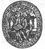 An angel hovers in the air, holding a crown above the head of a man who is seated on a throne(?) in front of an arcade and is holding an open book (St John?)