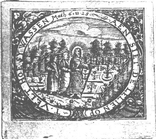 Christ, with two of his disciples, is pointing at lilies that grow in flower-beds in a fenced garden; frame decorated with cornucopiae