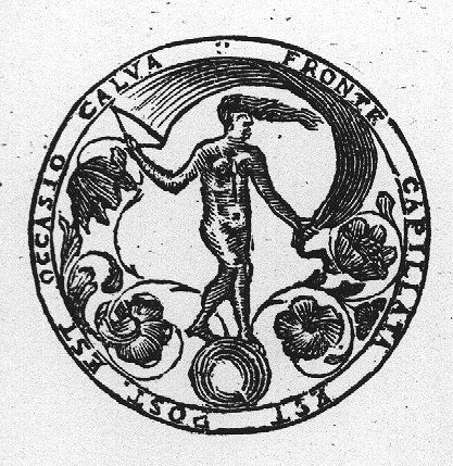 A woman with a long lock of hair at the front of her head (Occasio), holding a sail, while standing on a globe(?); flowers surround her