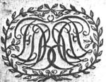 Decorated monogram, abstract interlace, framed by a wreath of olive-branches