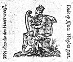 David as psalmist, playing harp, seated on tree-trunk