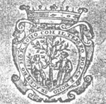 Two men under a tree in a cartouche with scrollwork and crown, one of them holding a branch