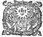 Two angels kneeling in adoration to the sides of the IHS monogram with three nails, framed by laurel wreath with ribbons