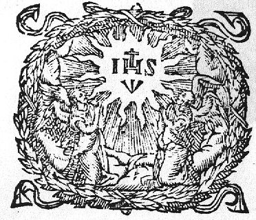 Two angels kneeling in adoration to the sides of the IHS monogram with three nails, framed by laurel wreath with ribbons