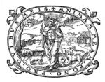 Christ as the Good Shepherd, carrying a lamb on his shoulders, while blood spouts into a chalice from the wound in his side; sheep looking up at him; landscape with a man in front of a farm; decorated frame