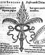 Flaming sword, palm-branches, laurel wreath
