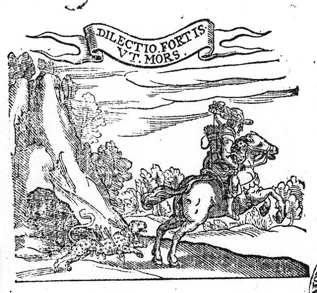 A hunter on horseback fleeing, holding the cub of a leopard in front of him; the mother, pierced by arrows, pursues the horse ('love as strong as death'); banderole with inscription