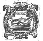 Compass on a square support, banderole with inscription; decorated frame