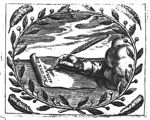 A hand from the clouds writing a text on a piece of paper with a quill; olive-branches and feathers as frame