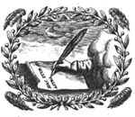 A hand from the clouds writing a text on a piece of paper with a quill; olive-branches and feathers as frame