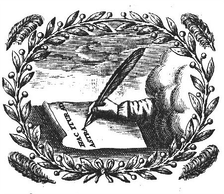 A hand from the clouds writing a text on a piece of paper with a quill; olive-branches and feathers as frame