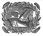 A hand from the clouds writing a text on a piece of paper with a quill; olive-branches and feathers as frame