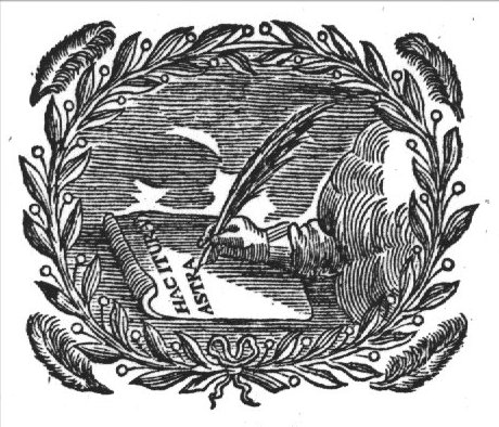 A hand from the clouds writing a text on a piece of paper with a quill; olive-branches and feathers as frame