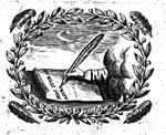 A hand from the clouds writing a text on a piece of paper with a quill; olive-branches and feathers as frame