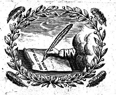 A hand from the clouds writing a text on a piece of paper with a quill; olive-branches and feathers as frame