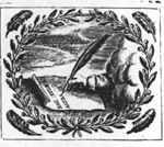 A hand from the clouds writing a text on a piece of paper with a quill; olive-branches and feathers as frame
