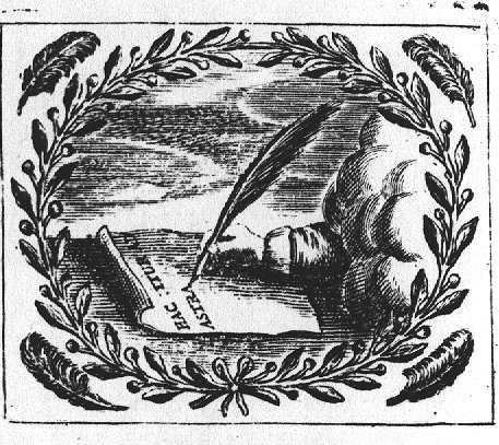 A hand from the clouds writing a text on a piece of paper with a quill; olive-branches and feathers as frame