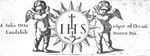 Two angels (boys) holding a sun with IHS monogram, a heart with three nails