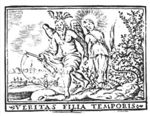 Time, an old man with scythe and a winged hourglass on his head, is leading his daughter, Truth, a girl with a palm-branch in her hand and a radiance emanating from her head, by the hand; city-view in the background