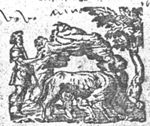 The herdsman Faustulus discovers Romulus and Remus who are suckled by a she-wolf ('Lupa Romana')