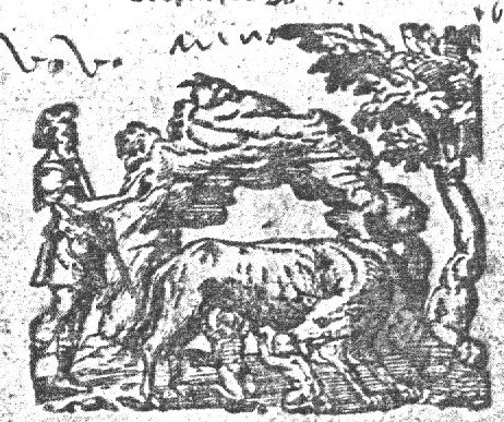 The herdsman Faustulus discovers Romulus and Remus who are suckled by a she-wolf ('Lupa Romana')