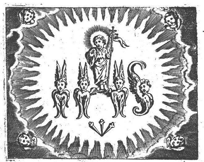 Four Cherubim (winged heads) in the shape of the IHS monogram with the Christ-child in the centre, holding a cross banner; three nails; radiance emanating from the monogram; cherubim in the four corners