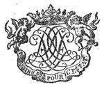 Decorated monogram, abstract interlace, framed by two putti holding a crown above it and a banderole with inscription below it