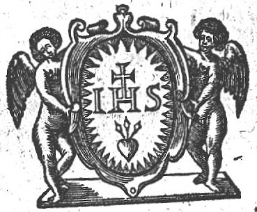 Two angels holding the IHS monogram in a cartouche with a cross on top; three nails in a heart below it; a radiance encircles the monogram