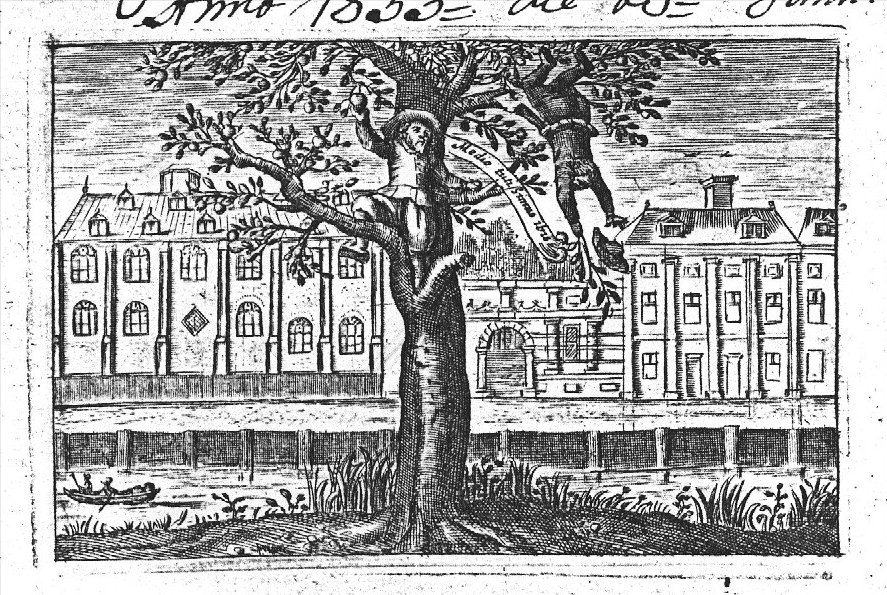 A man is picking a piece of fruit from a tree, while sitting on a branch close to its trunk; a second branch breaks and another man falls from the tree, head first; across the Rapenburg buildings of Leiden University; banderole with inscription