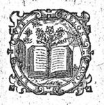 An open book, with flowers rising above it, is approached by bees from a bee-hive and a spider from a web; decorated frame