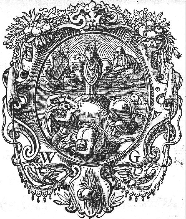 The Transfiguration: Moses and Elijah appear on either side of Christ on Mount Tabor; apostles hide their faces in fear; frame decorated with birds, ribbons, festoons of fruit and three turnips (Dutch: 'rapen'); initials "W.G."