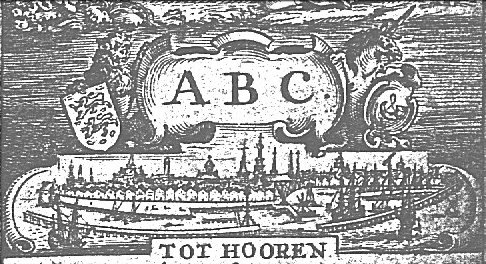 Lion holding the coat of arms of Friesland, a unicorn that of Hoorn; cartouche with the inscription "A.B.C."; city-view of Hoorn