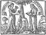 A nude young man seated at the foot of a tree, between a lady offering him flowers (Voluptuousness) and a lady reading from a book (Chastity): 'the slippery season of youth'; banderole with inscription