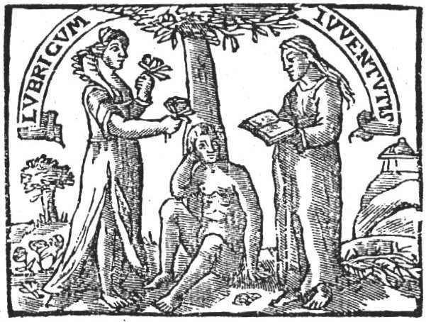 A nude young man seated at the foot of a tree, between a lady offering him flowers (Voluptuousness) and a lady reading from a book (Chastity): 'the slippery season of youth'; banderole with inscription