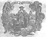 Poetry (Poesia): a standing woman with wings at the side of her head, holding a book; a globe at her feet; background: the sun and Pegasus; frame made of palm-branches with masks, lyre, harp and inscribed banderole