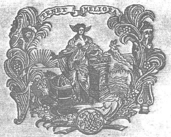 Poetry (Poesia): a standing woman with wings at the side of her head, holding a book; a globe at her feet; background: the sun and Pegasus; frame made of palm-branches with masks, lyre, harp and inscribed banderole