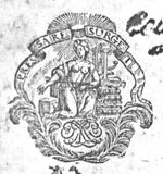 A woman, carrying a yoke, kneeling on the right knee, milk or water coming (spouting) from the right breast, a stone; books and what seems to be a printing press; banderole with inscription