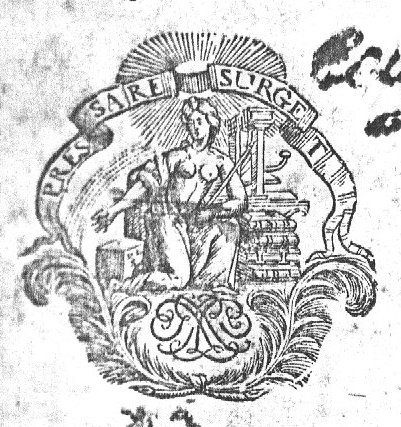 A woman, carrying a yoke, kneeling on the right knee, milk or water coming (spouting) from the right breast, a stone; books and what seems to be a printing press; banderole with inscription