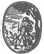 Woman with palm-branch(?) or perhaps an arrow(?), walking, followed by Cupid with bow; tree; a hill(?) in the background