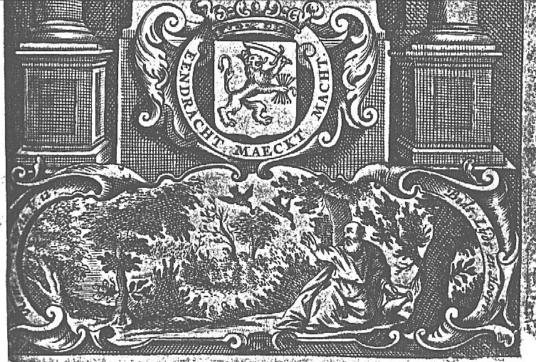Elijah fed by the ravens (Dutch: 'raven'): while the prophet is living by the brook, ravens bring him food; decorated frame; coat of arms of the United Provinces above the biblical scene, topped by a crown