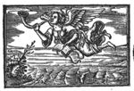A flying woman, wings at the shoulder, blowing a trumpet and holding an open book; seascape, coast